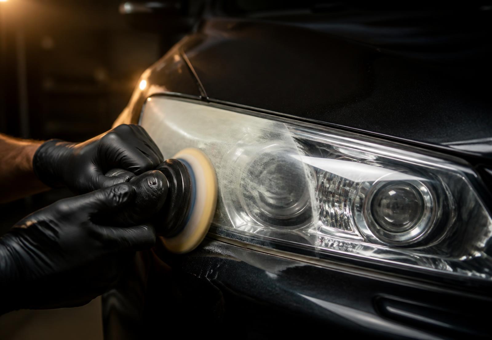 Profissional polindo um farol automotivo amarelado até deixá-lo transparente